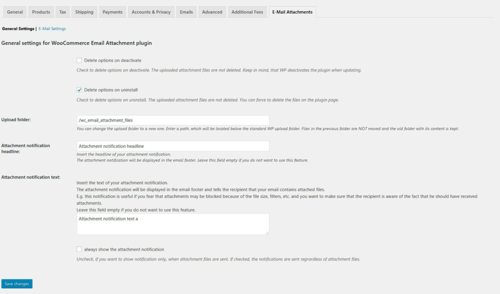 Woocommerce E-Mail Attachments Extension - Screenshot of the e-mail attachments admin/settings page (general settings)