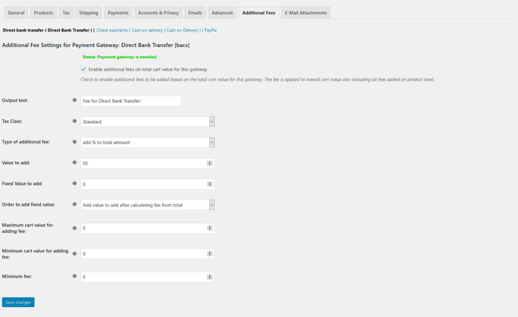 Woocommerce Payment Gateway Based Fees Extension - Screenshot of settings page